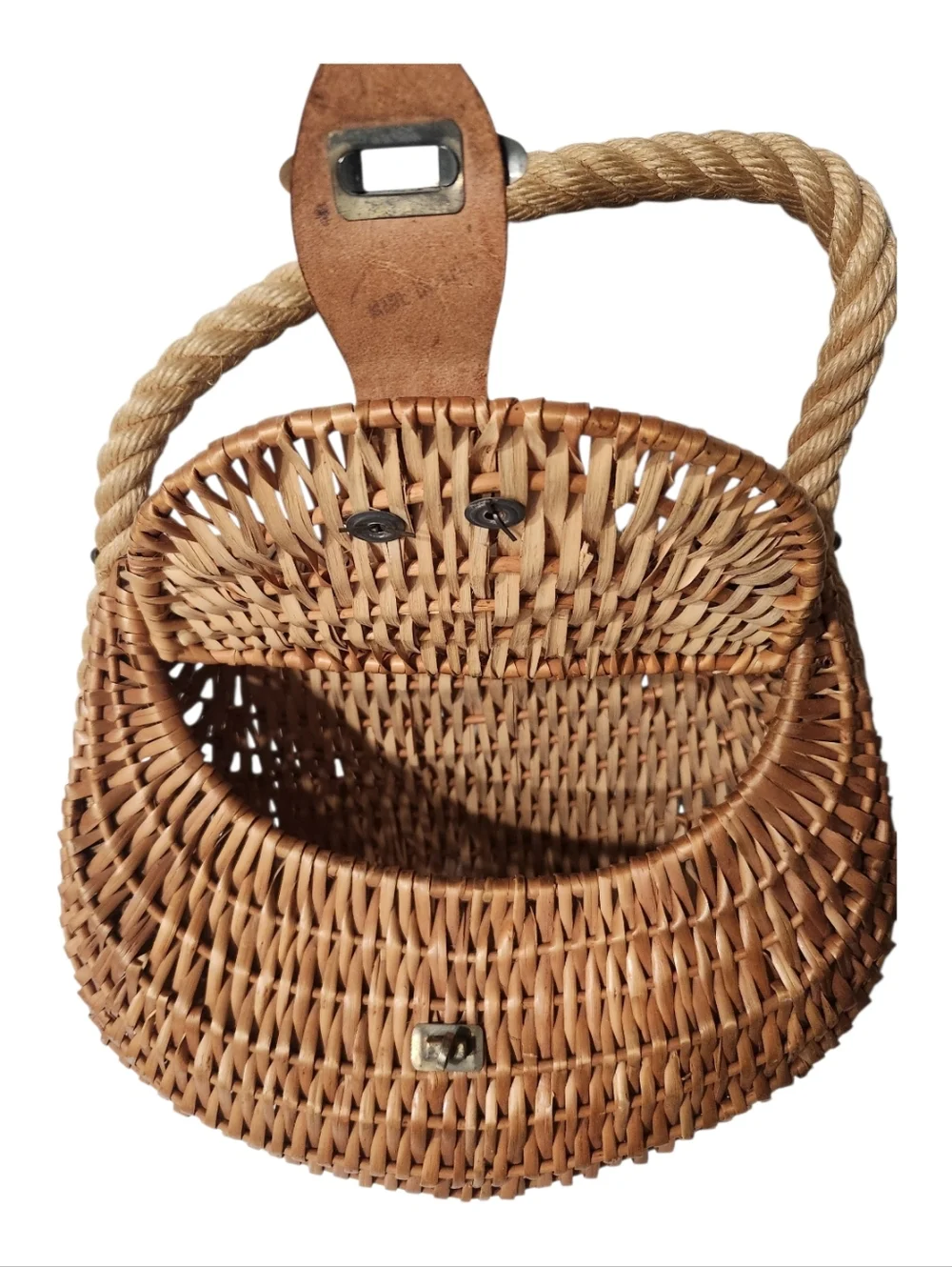 Farmhouse Fishing Creel Wicker Basket Handbag Leather Accents